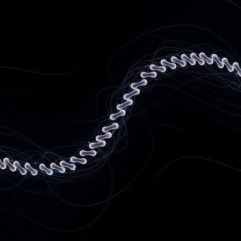 A glowing wave-like chain of particles forming a smooth sinusoidal curve, illustrating wave motion and oscillation concepts in fundamental physics.