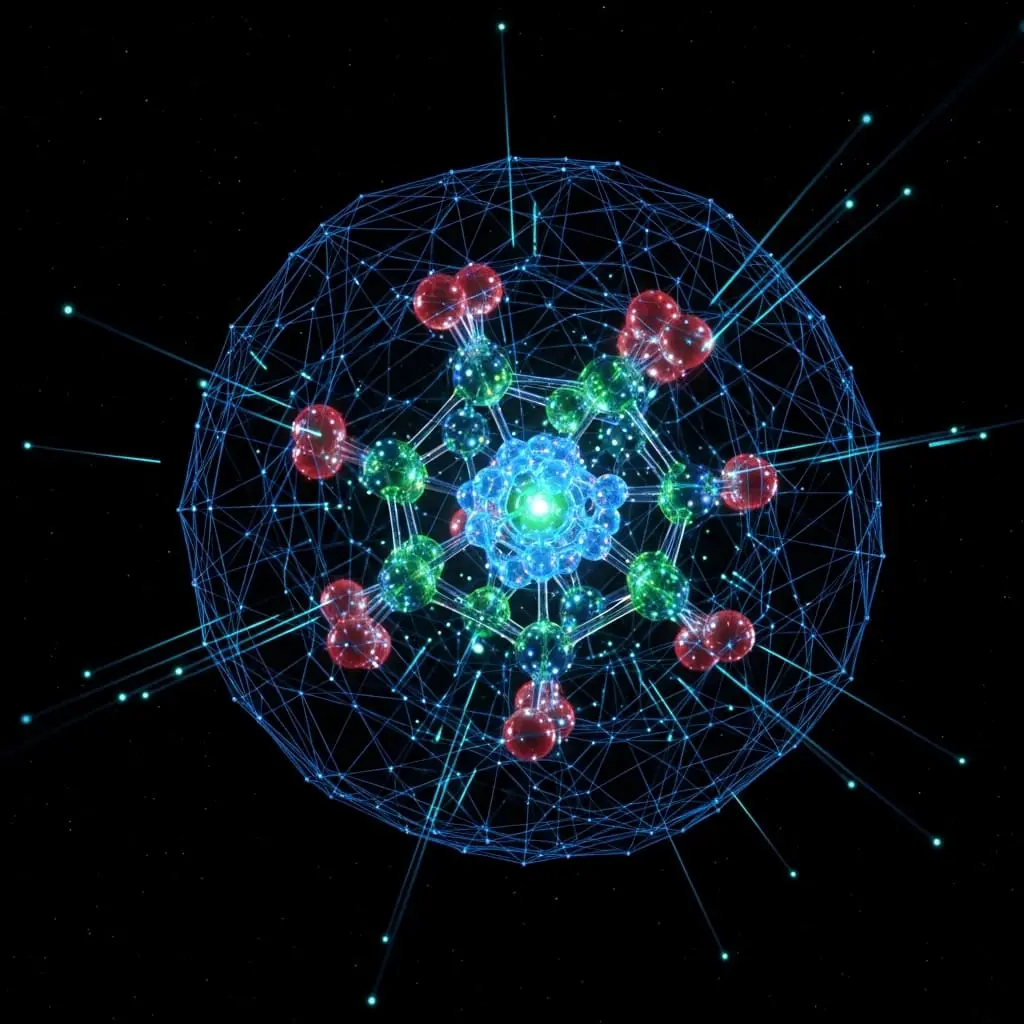 Abstract illustration of a luminous blue Earth at the center of a circular network, with colorful glowing nodes and icons — including pink, green, and red symbols — orbiting around it connected by dotted lines against a dark background
