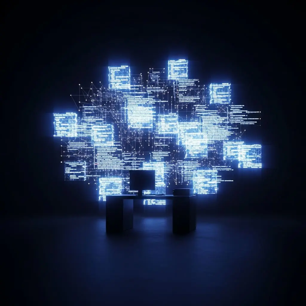 Abstract illustration of multiple small luminous white cube shapes arranged in a loose rectangular grid pattern, each glowing with soft light against a dark background