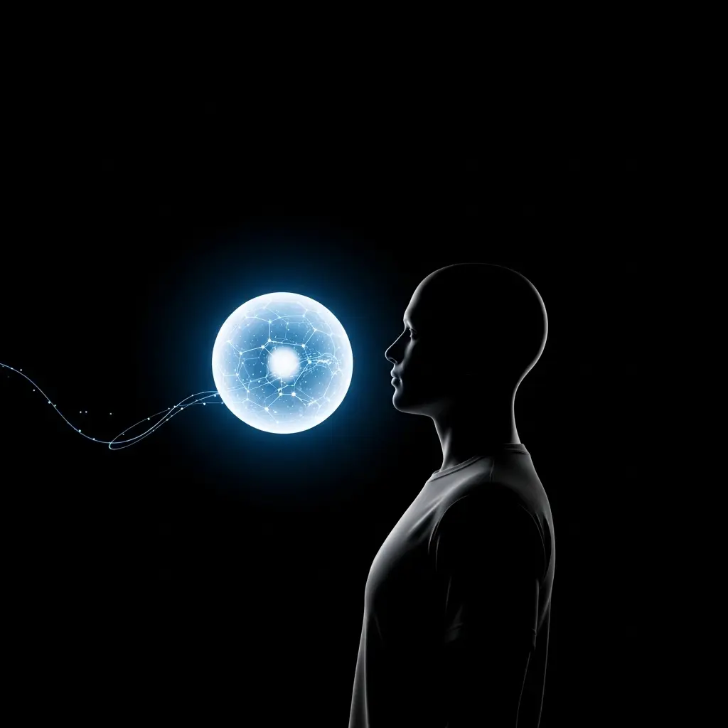 Abstract illustration of a dark human silhouette in profile facing a luminous blue orb or portal-like circle of light, creating a contemplative and mysterious atmosphere against a dark background