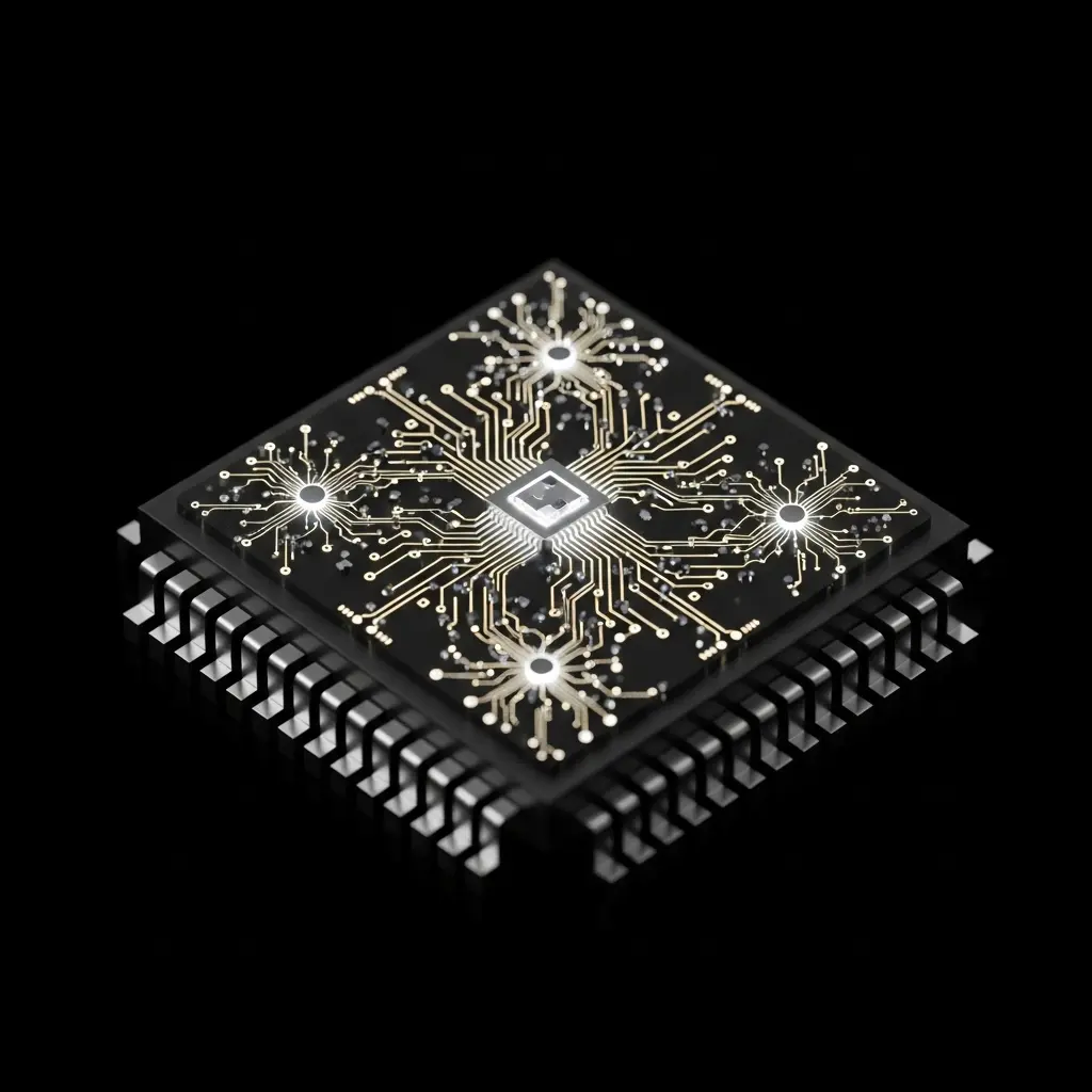 Close-up illustration of a square electronic microchip or CPU with ornate golden circuit traces, glowing connection points, and pin arrays along all four edges against a dark background