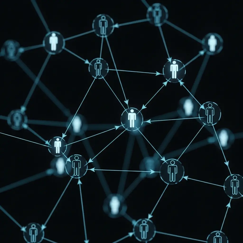 Abstract illustration of a neural or digital network featuring bright blue glowing nodes connected by thin lines forming a web-like mesh pattern against a dark black background