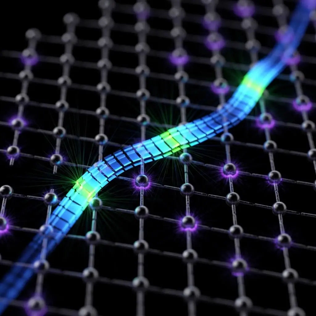 Abstract illustration of a curved tube or cable with a multicolored holographic surface in blue, green, and purple tones, crossing over a luminous blue grid or mesh pattern against a dark background