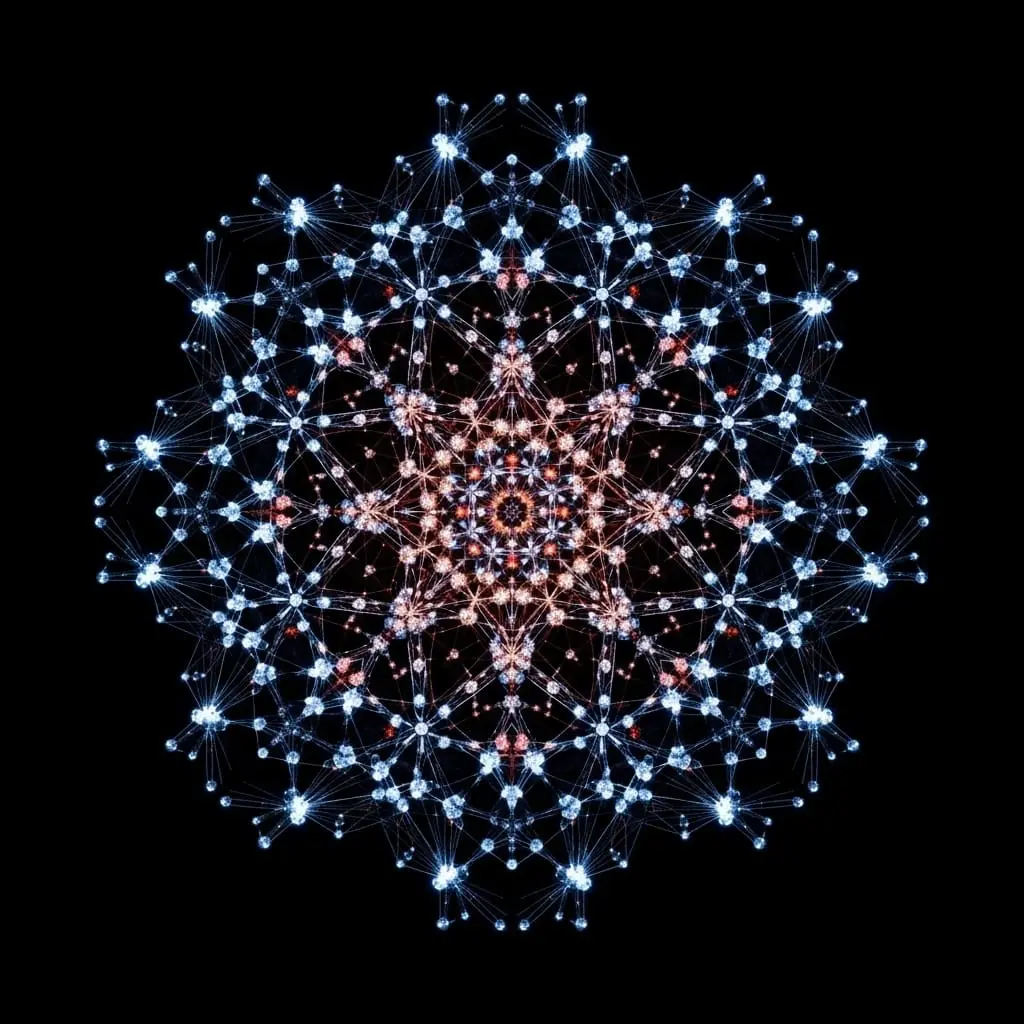Abstract illustration of a symmetrical circular mandala featuring delicate geometric patterns in blue and soft pink or copper tones, with radiating dot clusters and concentric ornamental rings against a dark background