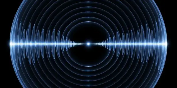 Glowing blue circular waveform with concentric rings and radiating lines, resembling a radar or sound frequency visualization on a dark background.