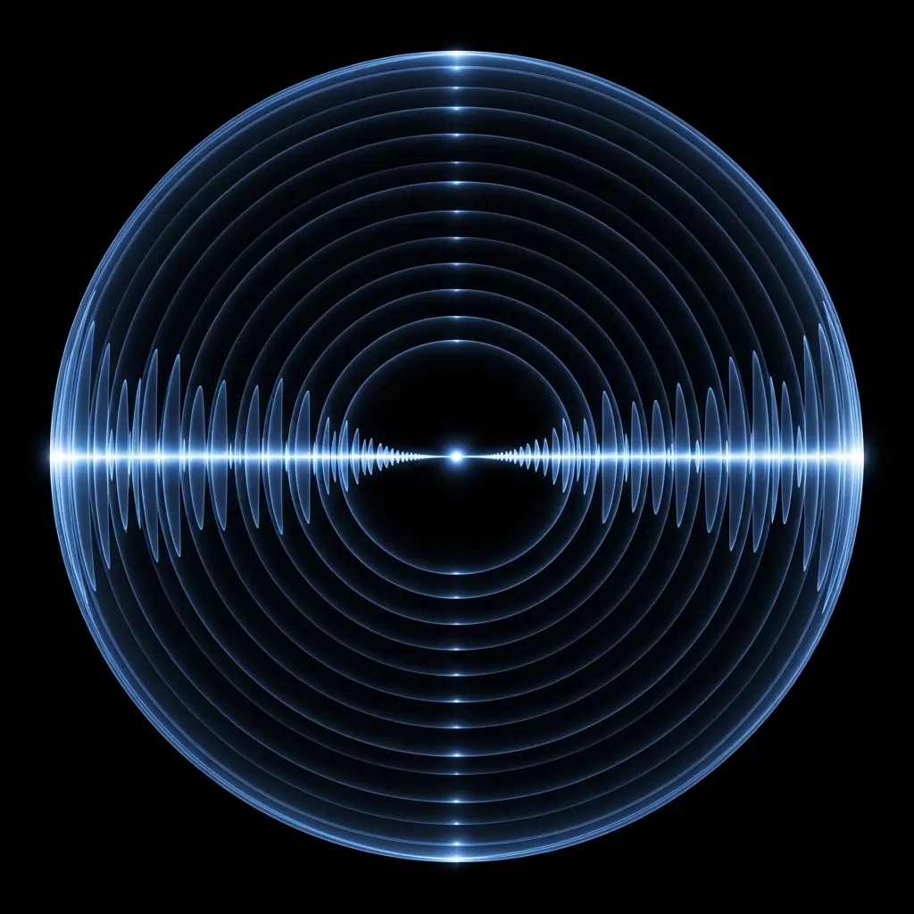 Glowing blue circular waveform with concentric rings and radiating lines, resembling a radar or sound frequency visualization on a dark background.