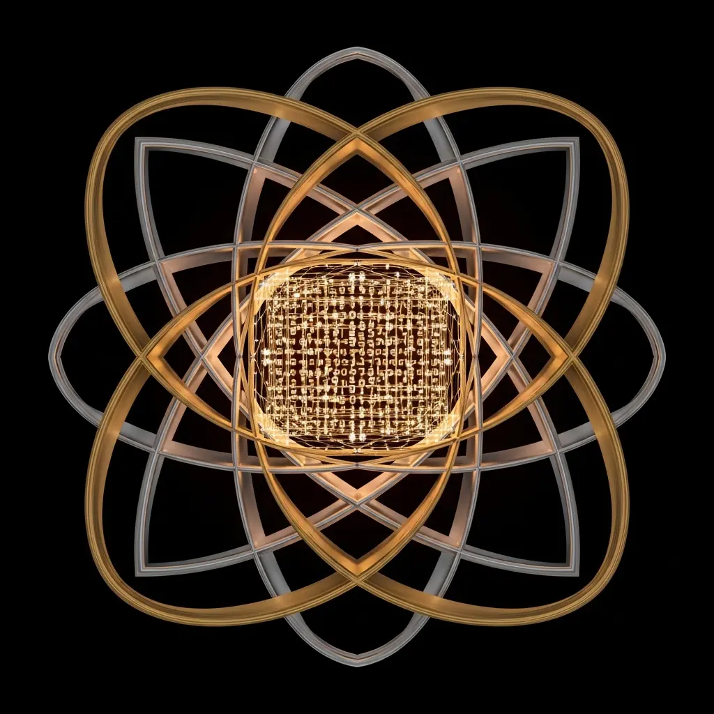 Glowing golden atomic structure with orbiting electron paths surrounding a central quantum processor, symbolizing advanced quantum computing architecture.