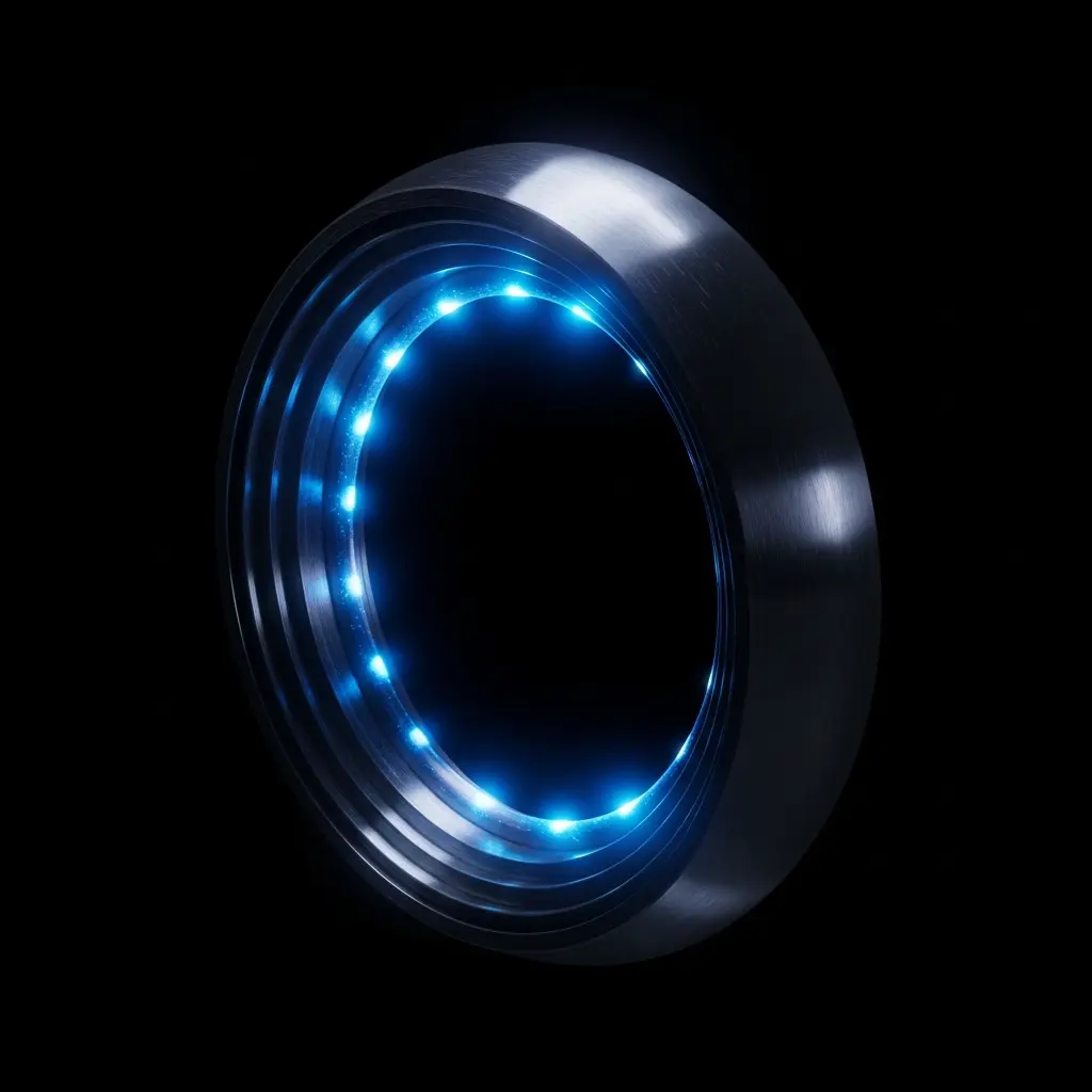 Abstract illustration of a sleek circular ring or torus shape with intense blue LED-like light emanating from its inner edge, casting a soft glow against a dark background