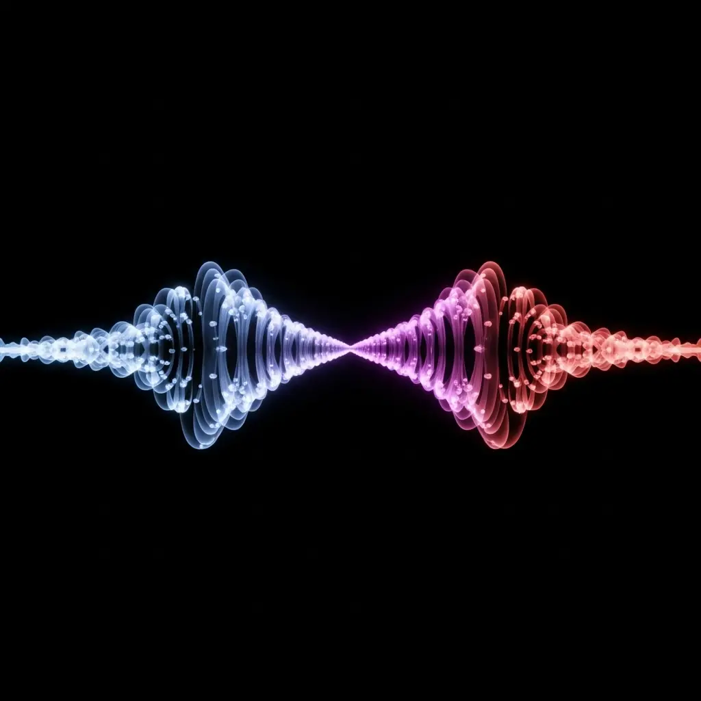 Abstract illustration of two mirrored waveforms — one in blue on the left and one in pink on the right — converging at a bright central flash point, creating a symmetrical energy collision on a dark background
