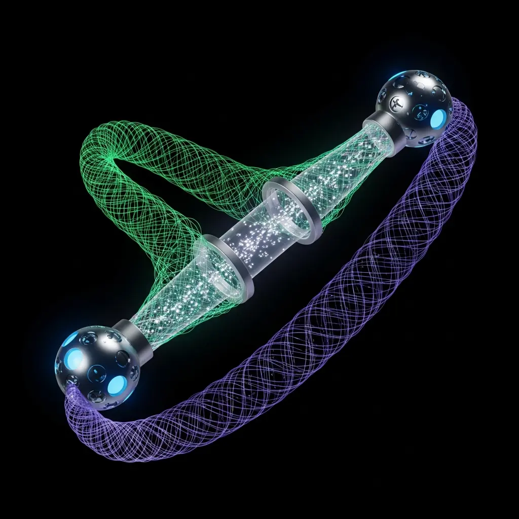 Abstract illustration of a short segment of a DNA double helix with a green central strand and purple outer coiling bands, featuring visible base pair rungs and a luminous glow against a dark background