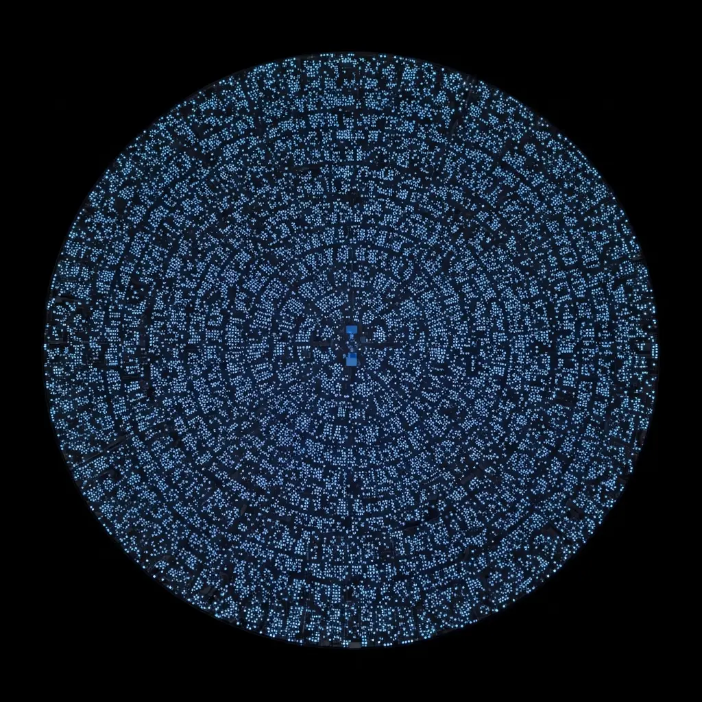 Abstract illustration of a circular arrangement of hundreds of small luminous blue particles or dots, densely packed to form a disc shape against a black background