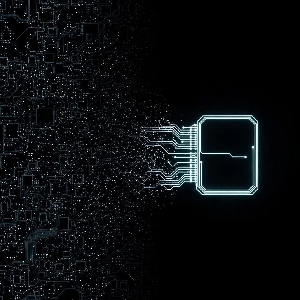 Abstract illustration of a wireframe cube or box outlined in blue light, with particles streaming and dispersing from its right side against a dark background, suggesting motion or disintegration