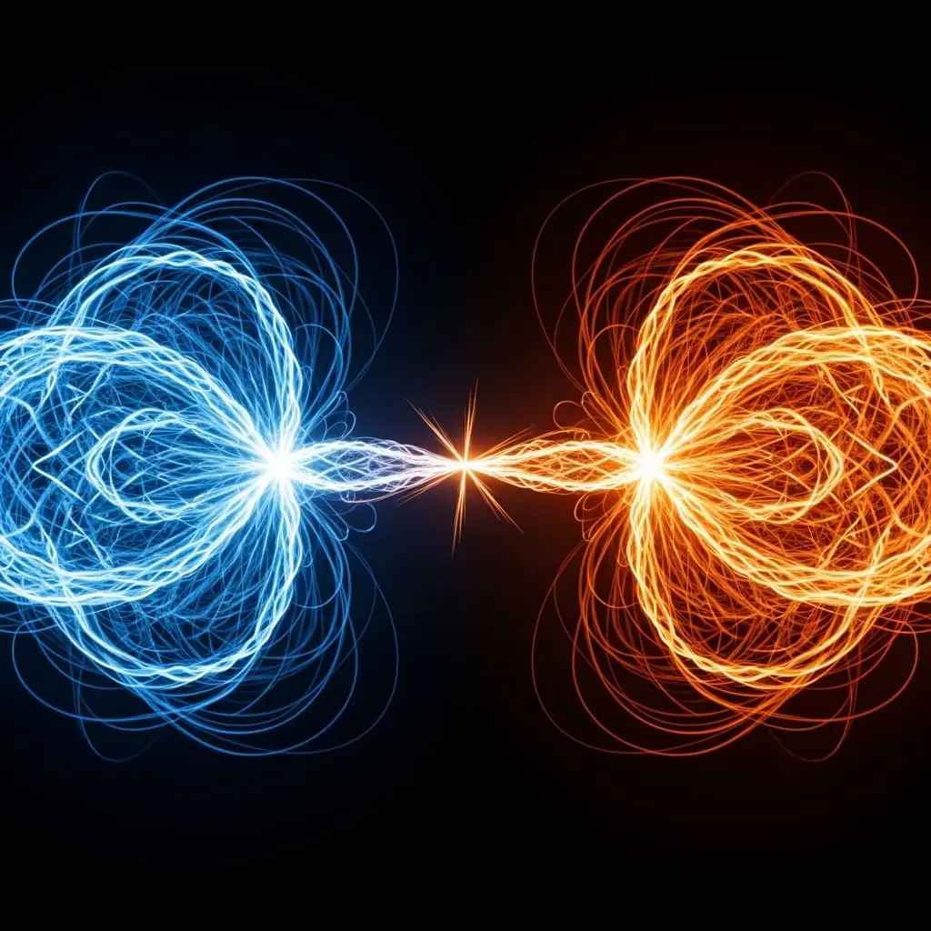 Blue and orange energy vortices facing each other, connected by a bright central beam, symbolizing opposing forces in dynamic interaction.