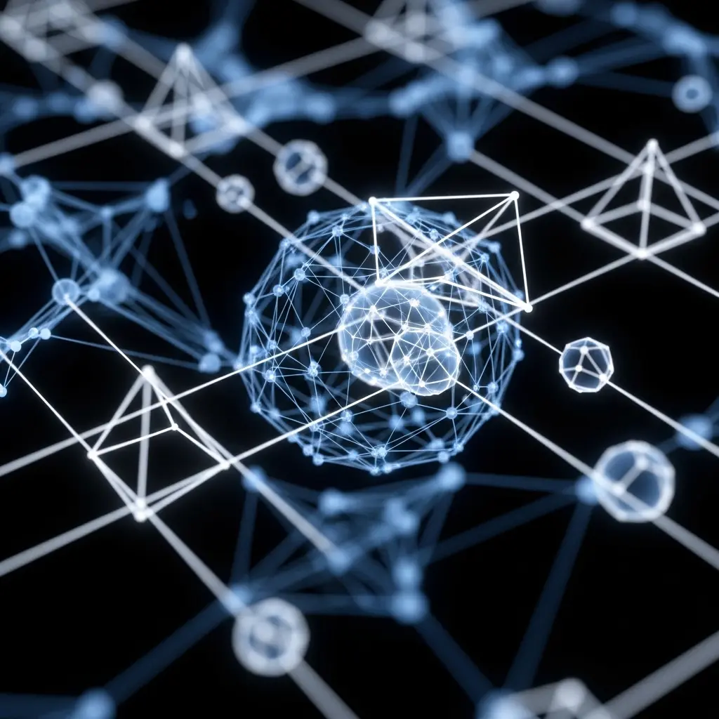 Abstract illustration of a futuristic blue circuit board or blockchain network featuring a central glowing hub surrounded by geometric connection lines, nodes, and technology icons on a dark background