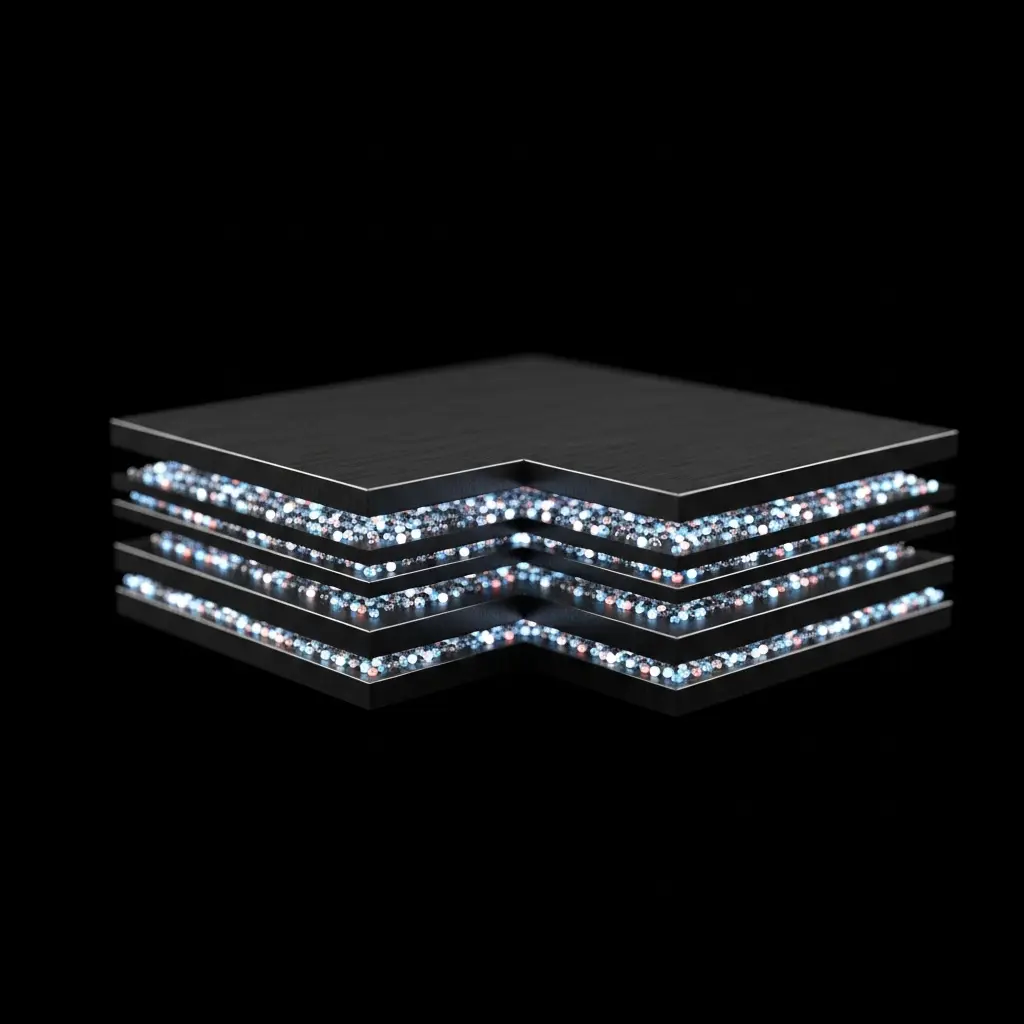 Isometric illustration of multiple thin dark rectangular layers stacked on top of each other with luminous blue trim along the edges, suggesting a layered material or technology component
