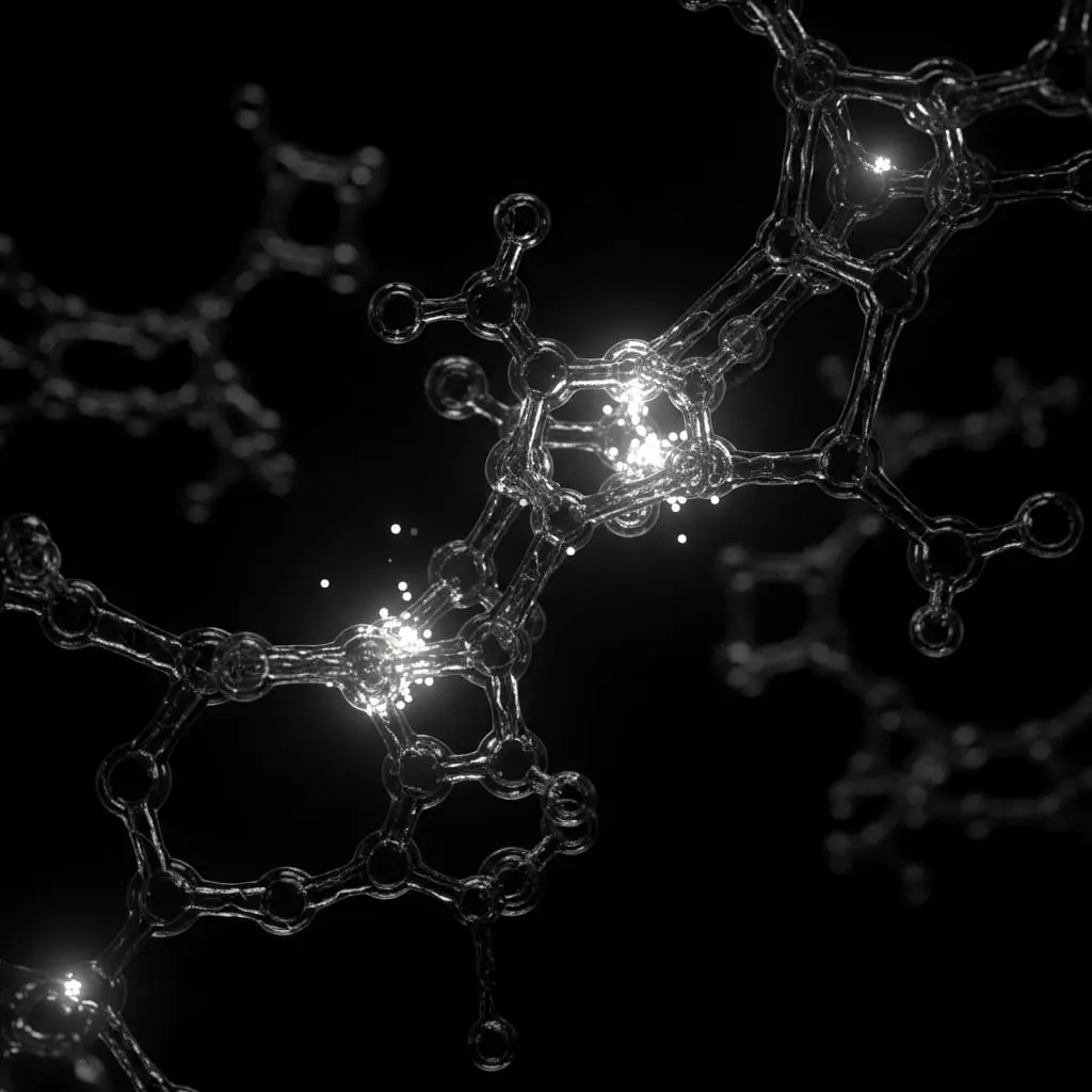 Close-up of interconnected molecular rings with glowing bonds, illustrating chemical structure, electron interaction, and nanoscale material design.