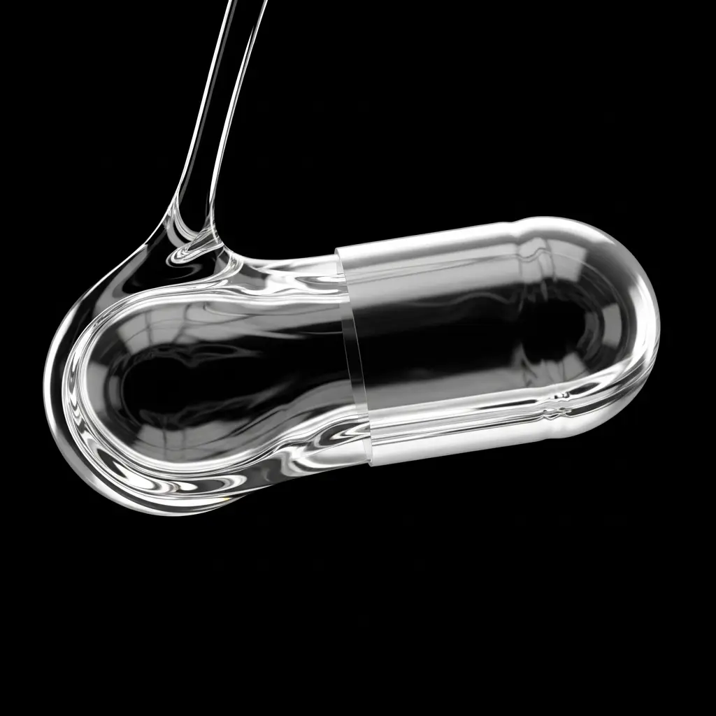 Transparent capsule-shaped glass structure with a fluid-like extension, resembling a nanoscale container or molecular transport channel in materials science.