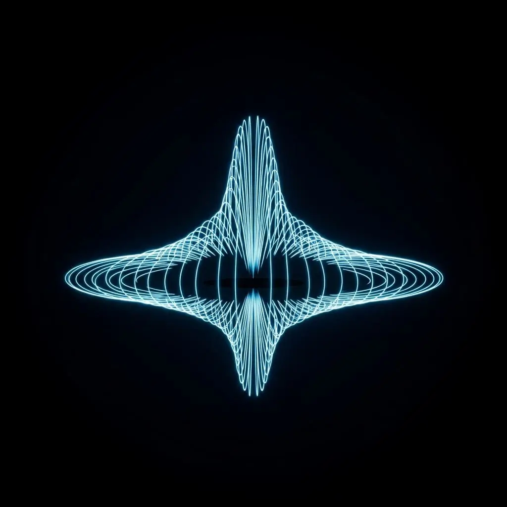 Symmetrical glowing waveform forming a three-dimensional oscillating pattern, representing quantum wavefunctions, interference, and harmonic motion in physics.