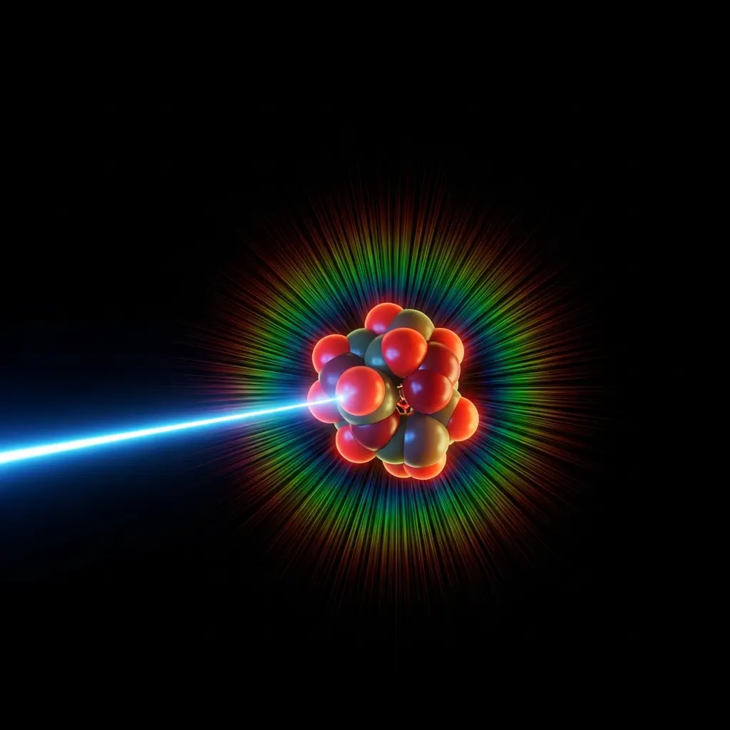 Abstract illustration of multiple colored laser beams — blue, green, and red — converging on a central glowing orb with a complex red and green crystalline or floral energy pattern, radiating light outward against a dark background