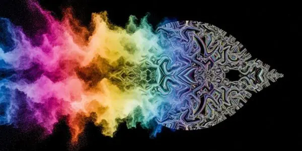 Vibrant burst of colorful powder or paint in a full rainbow spectrum — red, orange, yellow, green, blue, and violet — arranged in the silhouette of a bird in flight or a feather against a black background