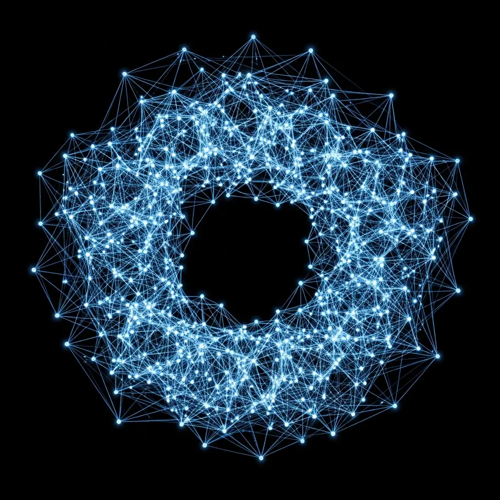 Abstract illustration of a circular ring formed by thousands of luminous blue particles, sparks, and light flares arranged in a torus shape against a black background