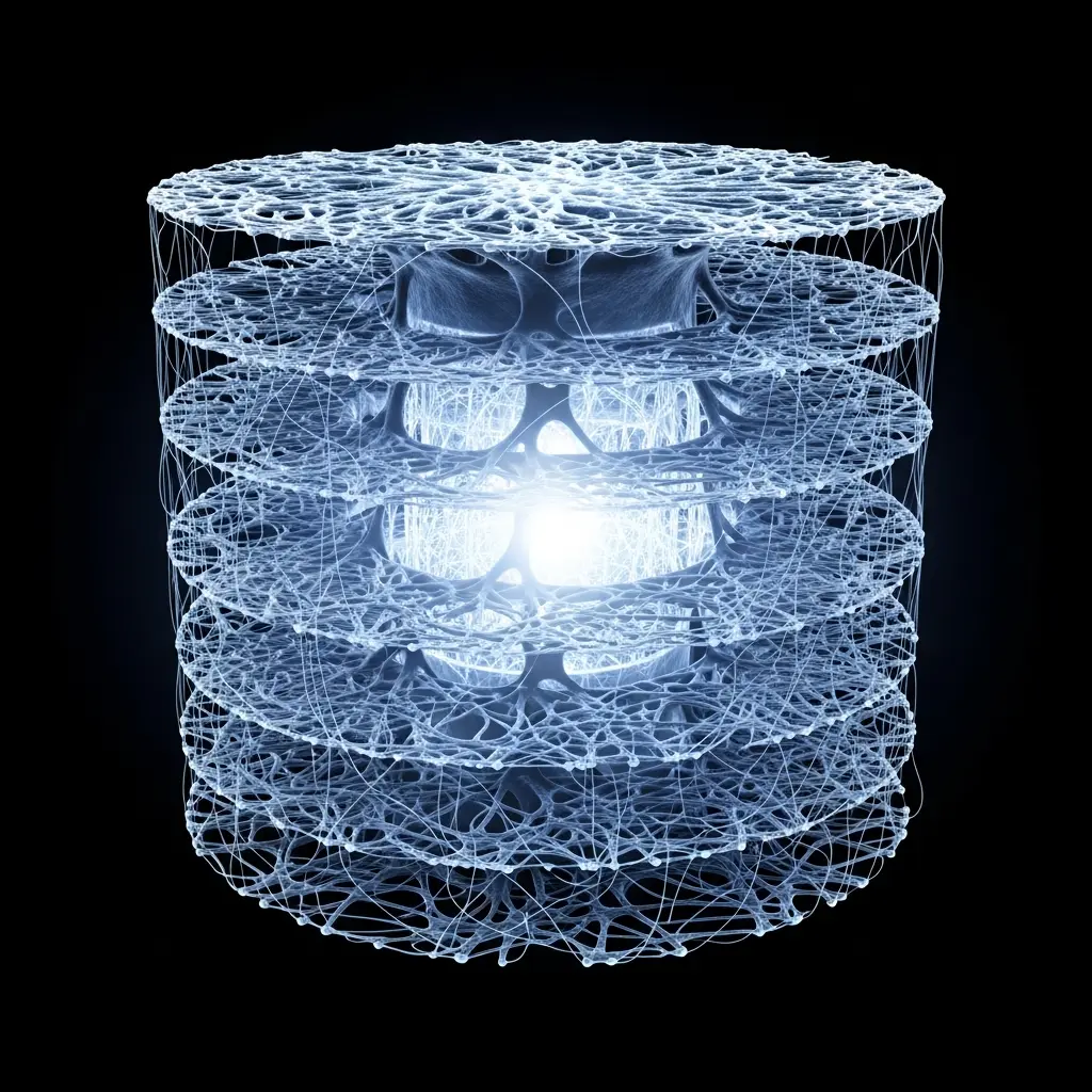 Stacked translucent circular layers forming a cylindrical structure, with a bright glowing core at the center against a dark background.