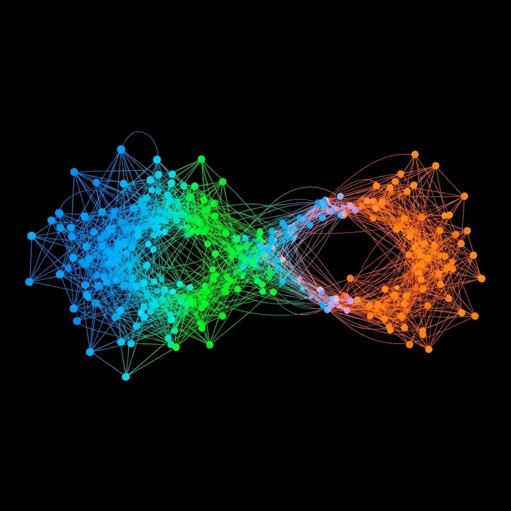 Blue and orange particle clusters colliding at the center, forming a bright interaction point in a dark space.