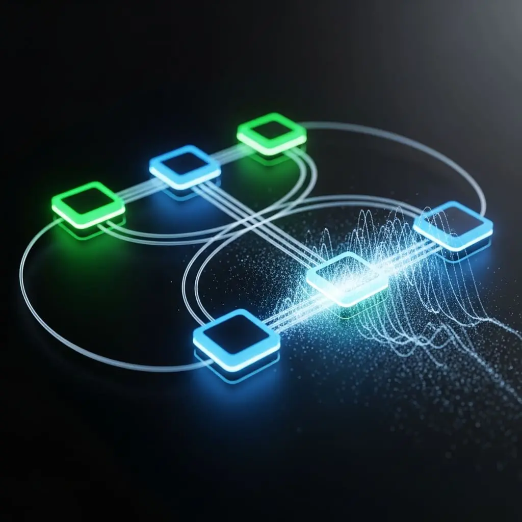 Glowing blue circuit platform with connected nodes and floating green and blue geometric icons above it, representing digital connectivity.