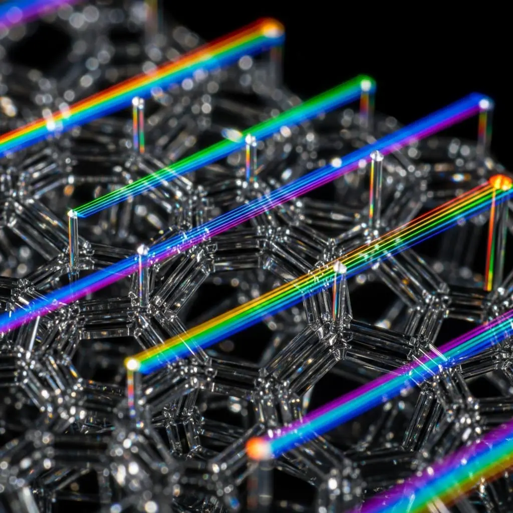 Colorful fiber optic cables with rainbow light reflections on a dark background