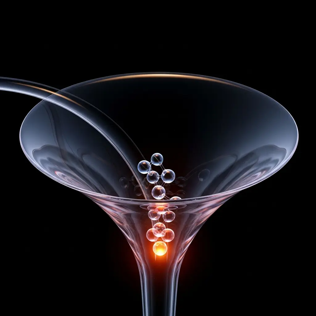 Transparent funnel-shaped field with a glowing red core at the bottom, radiating energy upward into a wide curved structure against a dark background.