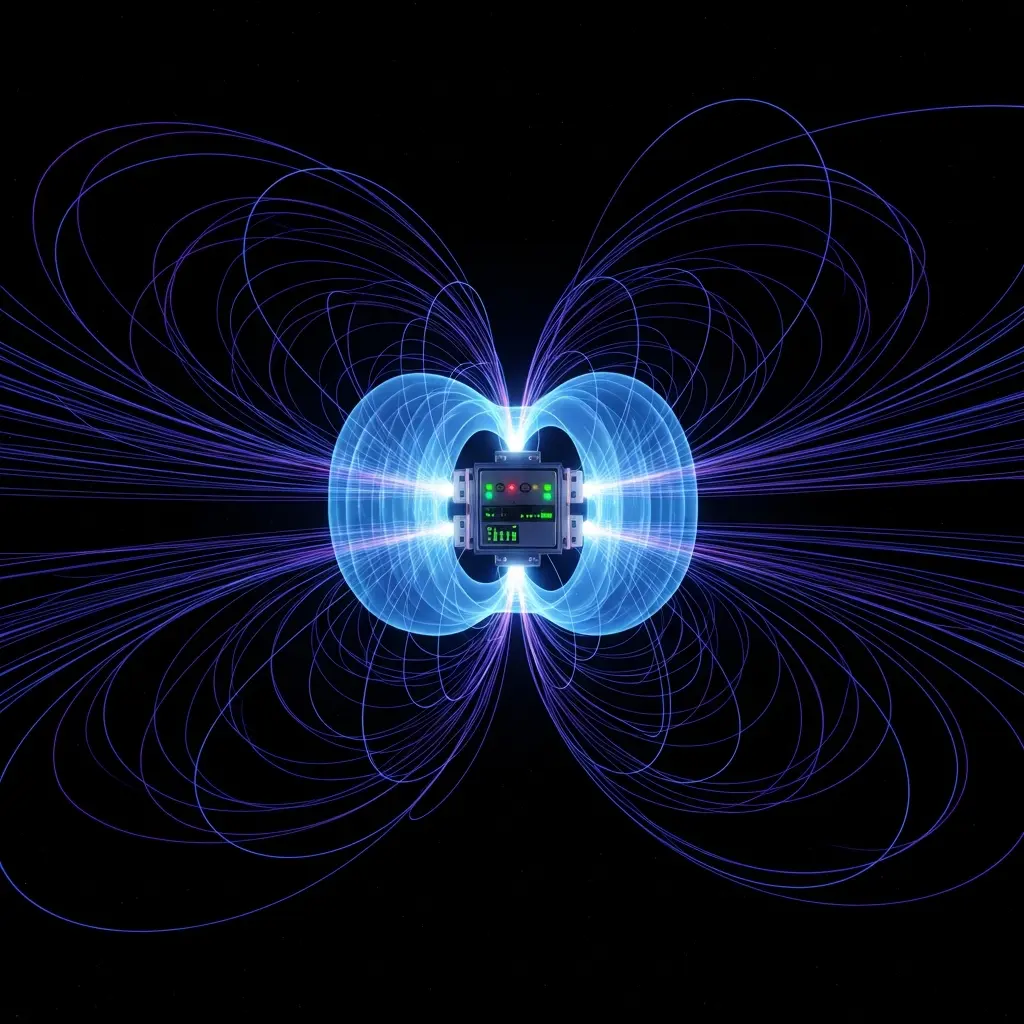 Magnetic field lines tightly focused and measured by compact control system, stabilized signal glow
