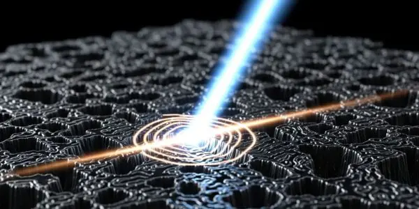 Millimeter-wave beams scanning nanoscale structure, reflected signal glowing precisely