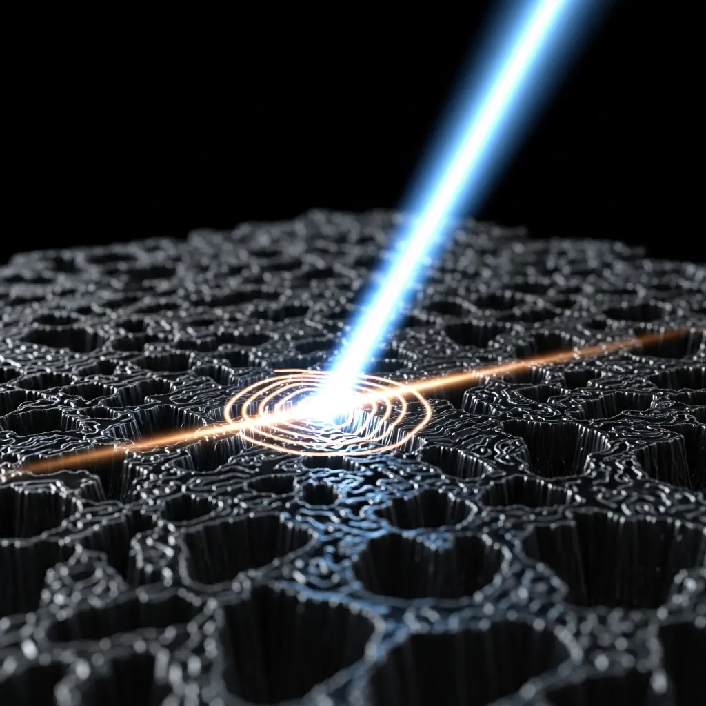 Millimeter-wave beams scanning nanoscale structure, reflected signal glowing precisely