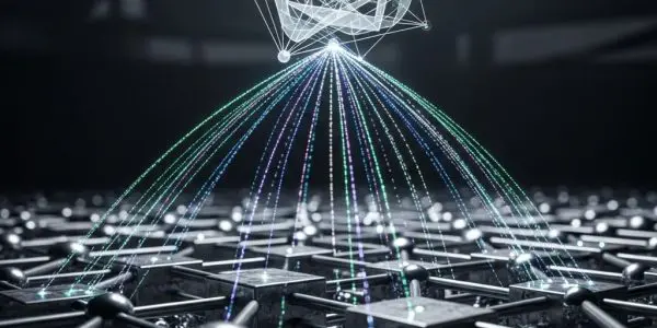 Quantum entanglement threads connecting material lattice to abstract geometric theoretical structure above it