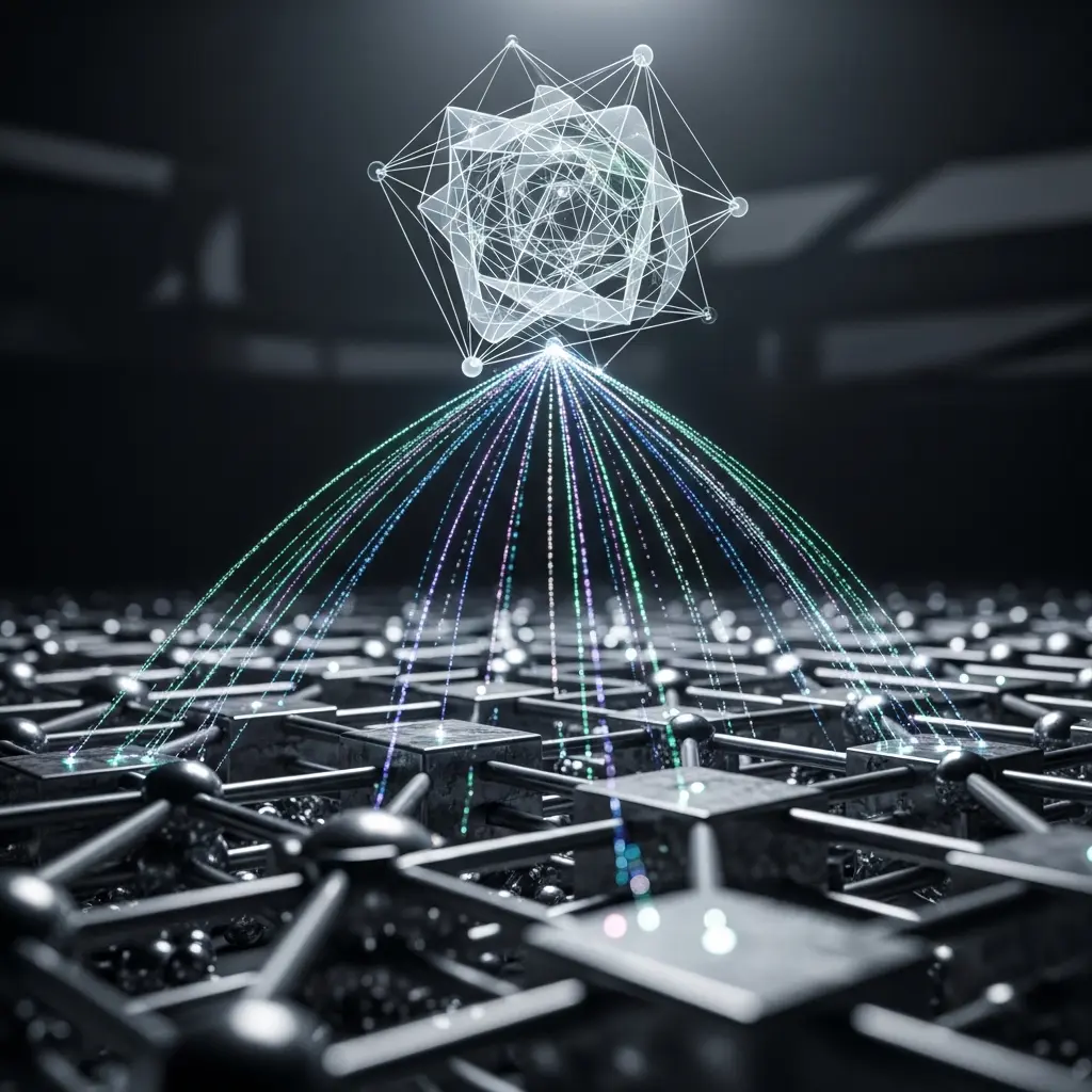 Quantum entanglement threads connecting material lattice to abstract geometric theoretical structure above it
