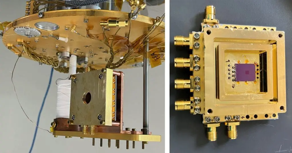 Left: The superconducting microwire single-photon detector, or SMSPD, is enclosed in a dark box to reduce background photons not from the beam. The detector is attached to the cold stage of the cryocooler, which keeps the temperature very low, around 0.8 kelvin. The beam enters through the hole in the center. Right: The SMSPD under study, represented by the small dark purple region. Credit: Christina Wang, Fermilab