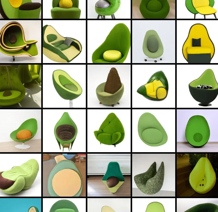 Images from the prompt 'an armchair in the shape of an avocado. An armchair imitating an avocado'. Image from source below.