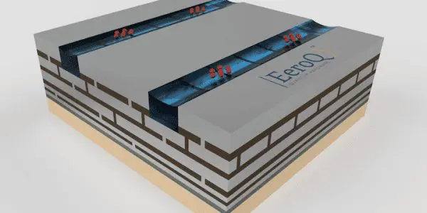 This 3D rendering illustrates a layered system with multiple brick-like structures and blue energy pathways. The setting is a studio with a white background.