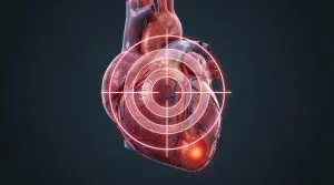 A highly detailed 3D rendering shows a human heart against a dark grey background, highlighting a critical area with red.