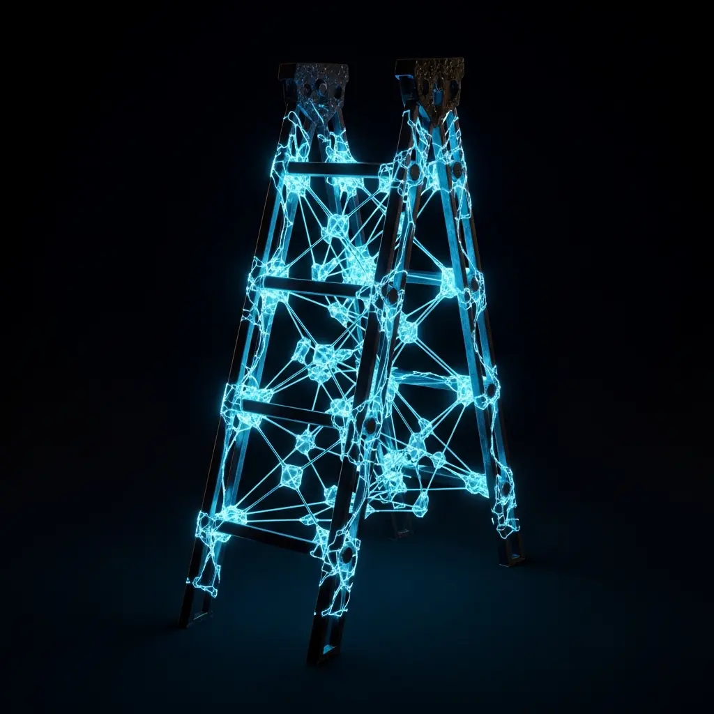 Two-leg ladder lattice structure glowing with stable insulating electron pattern, deep black space, ultra sharp detail
