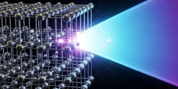Ultrafast laser pulse interacting with atomic lattice, atoms slightly displaced in femtosecond motion blur
