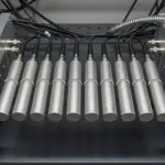 A metallic 'quantum chandelier' with multiple cylindrical sensors is mounted within a rack of cables and electronics.