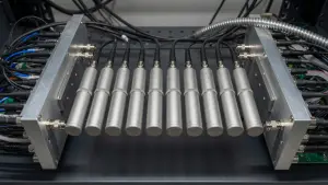 A metallic 'quantum chandelier' with multiple cylindrical sensors is mounted within a rack of cables and electronics.