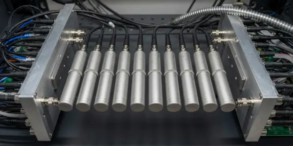 A metallic 'quantum chandelier' with multiple cylindrical sensors is mounted within a rack of cables and electronics.