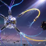 A complex network of glowing blue and yellow cables connects to a central, transparent sphere, set against a dark, starry background.