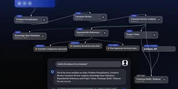 A dark mode interface displays a workflow with connected nodes, folders, and a chat window, using blues and greys.