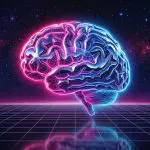 A neon-outlined brain above a grid in starfield