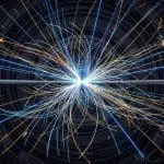 A particle-collision event display in a detector barrel
