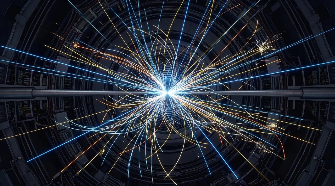 A particle-collision event display in a detector barrel
