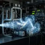 A laser experiment throwing a spark cloud on an optics bench